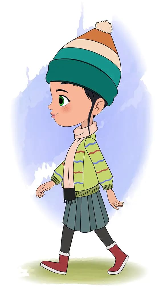 A cute girl walking side view animated cartoon character aka micki