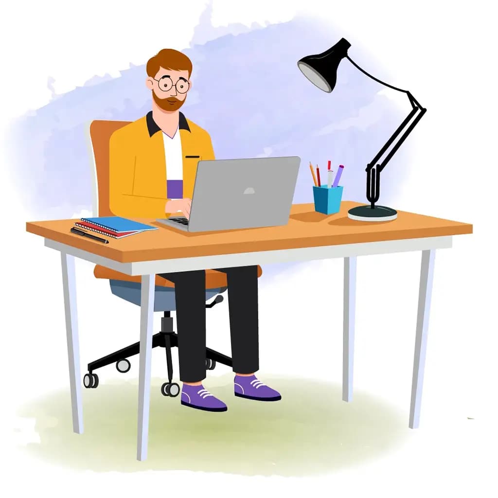 an employee working on a laptop vector animated cartoon character model-sheet aka ethan