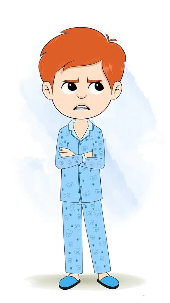 An annoyed boy in night dress animated cartoon character aka adit