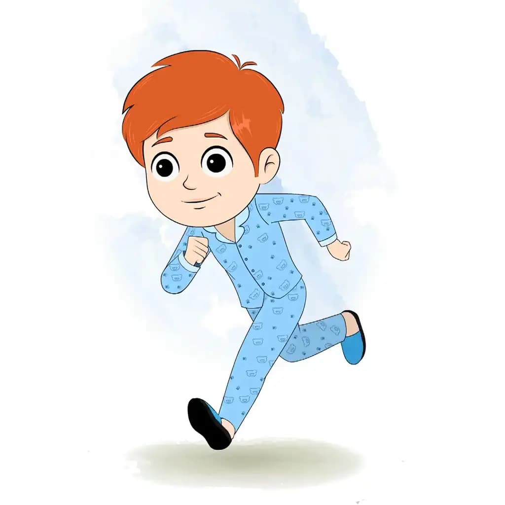 A boy in night dress running three quarter view animated cartoon character aka adit