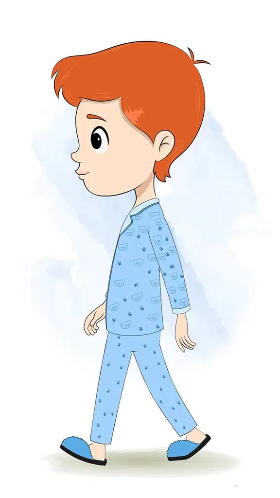 A boy in night dress walking side view animated cartoon character aka adit