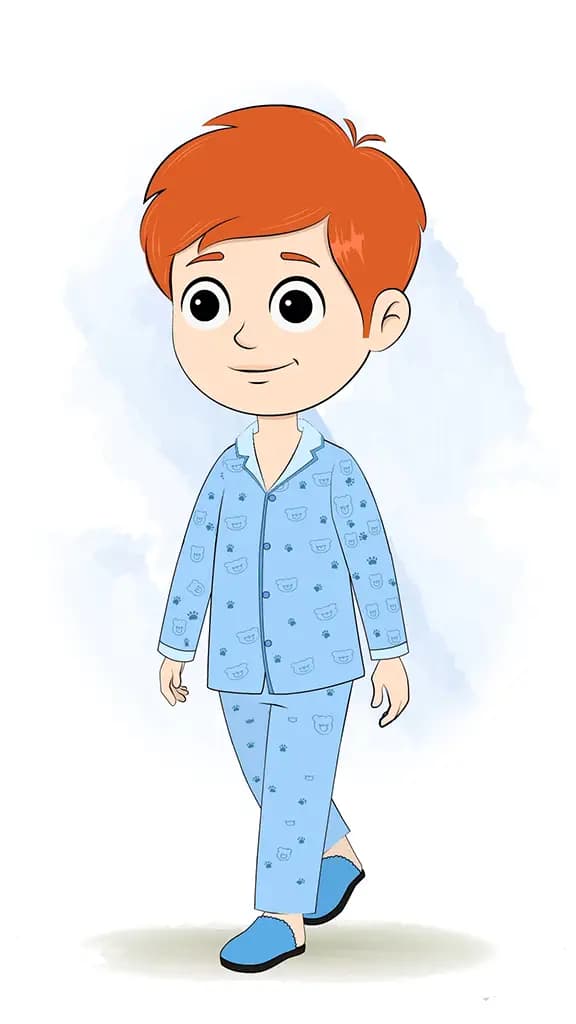 A boy in night dress 3/4 front view/three quarter view walking animated cartoon character aka adit 3/4