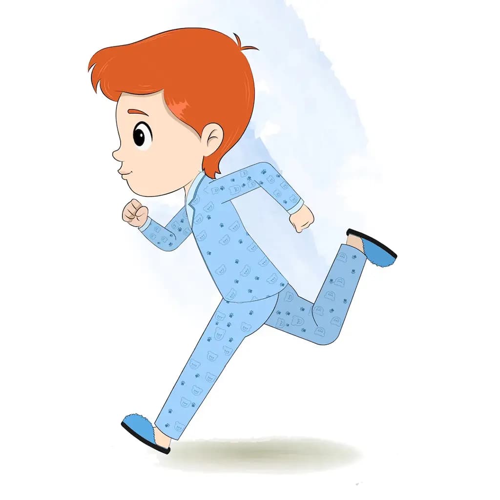 A boy in night dress running fast side view animated cartoon character aka adit