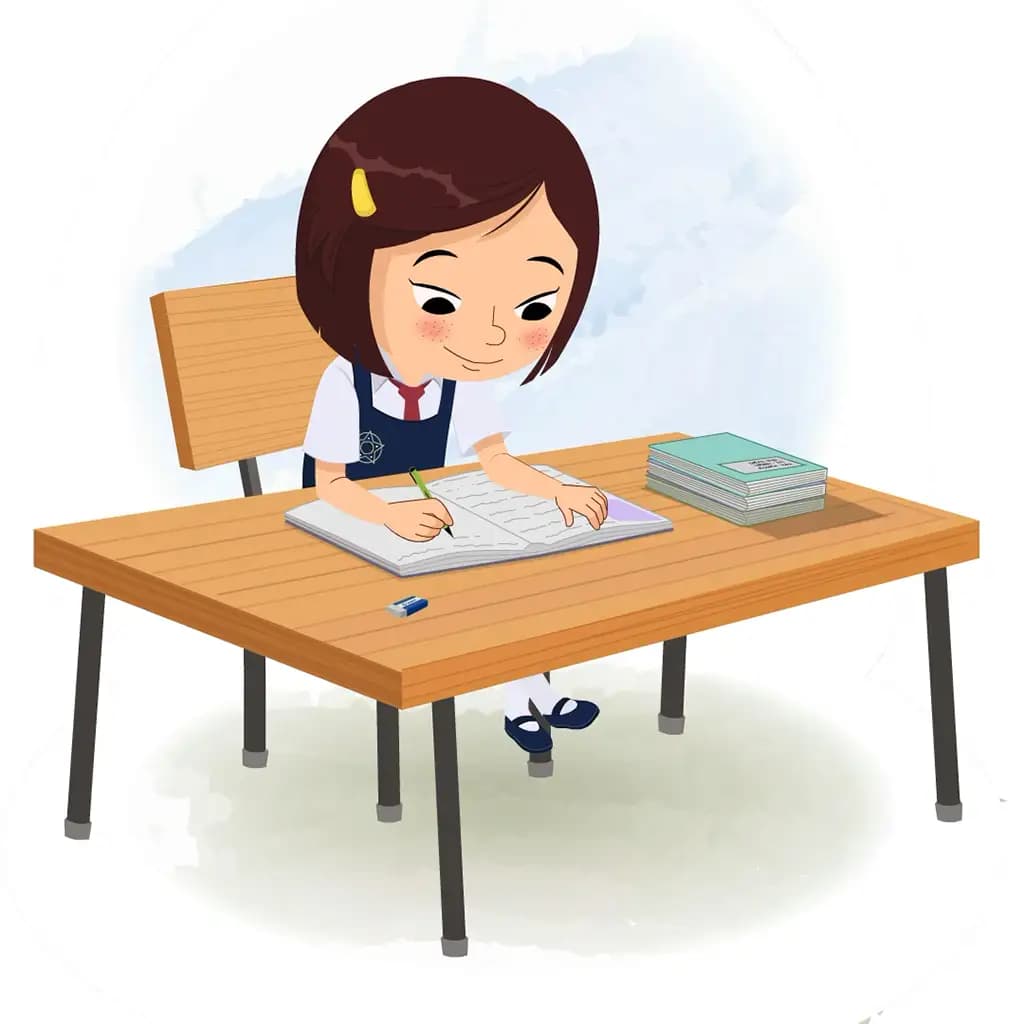 A little school girl doing homework and sitting on the table animated cartoon character aka misti