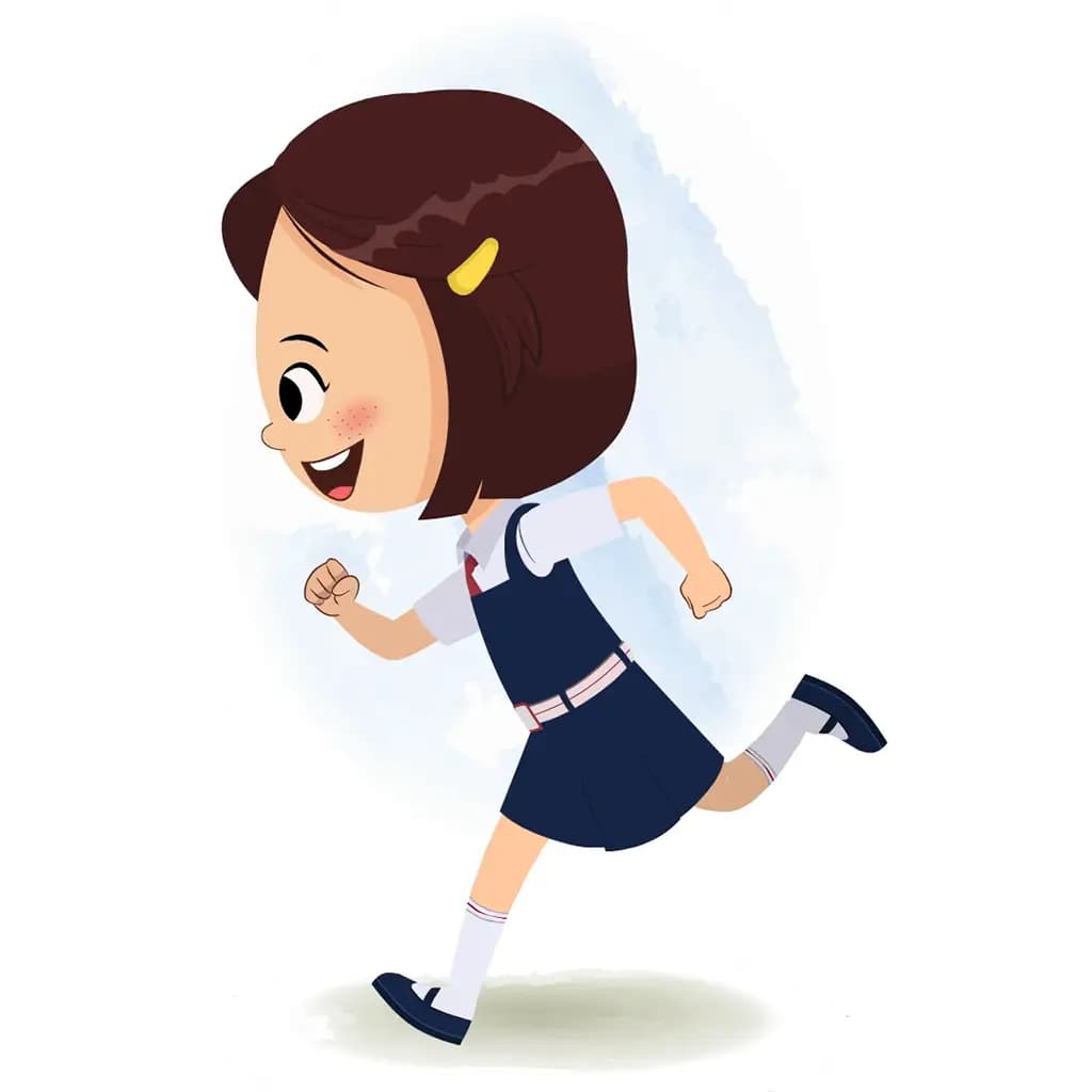A little school girl running fast side view animated cartoon character aka misti