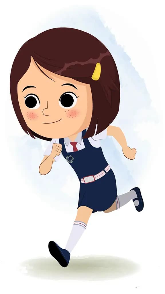 A little school girl running three quarter view animated cartoon character aka misti