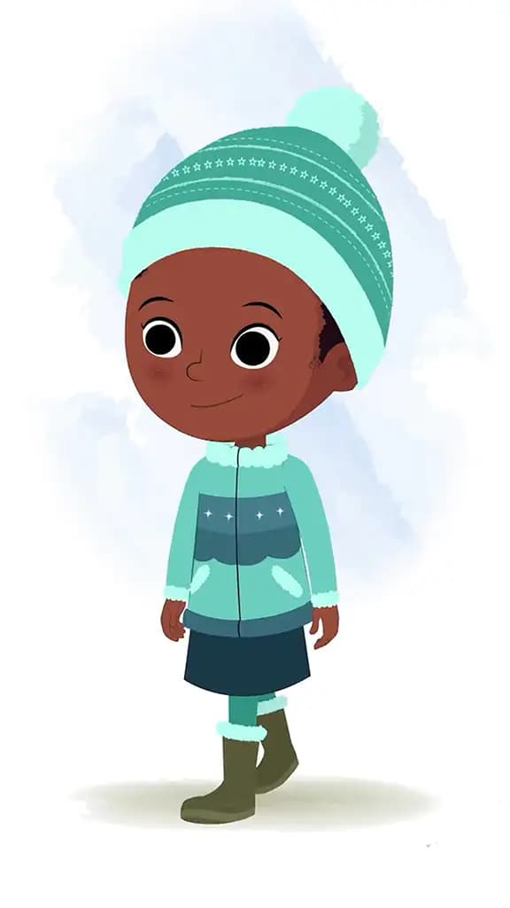 A cute African girl 3/4 front view/three quarter view walking animated cartoon character aka kaya