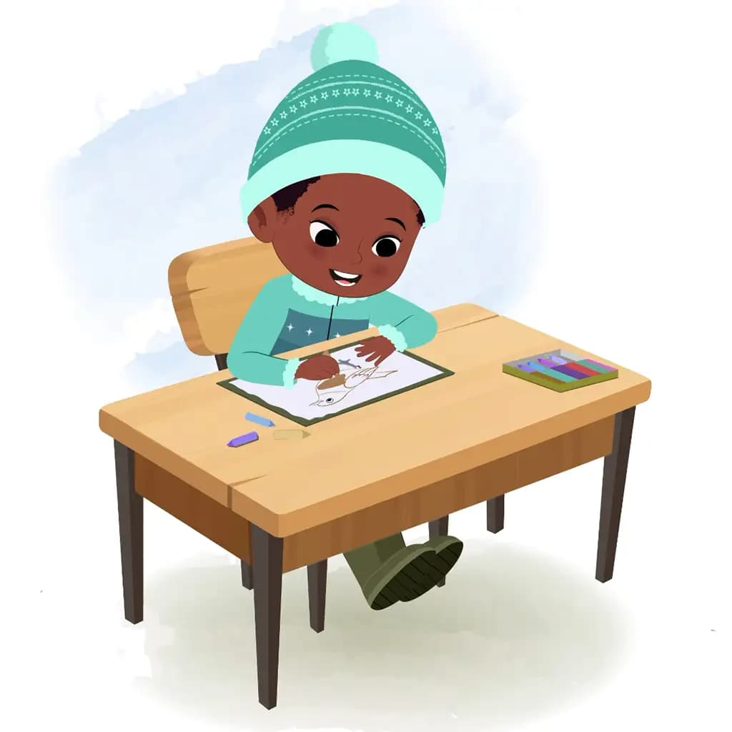 A cute African girl is sitting at a table with some crayons and coloring on the paper,girl coloring aka kaya