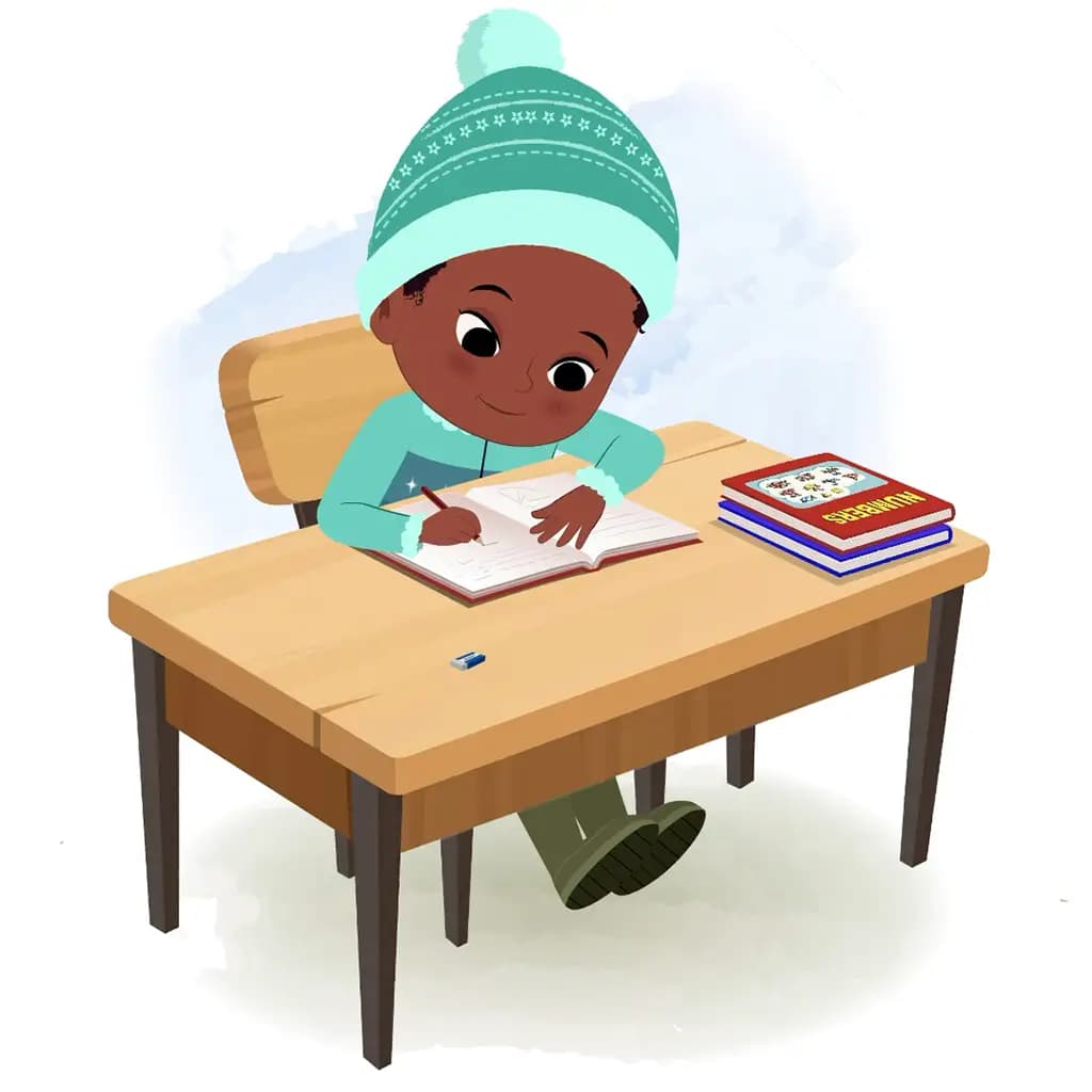 A cute African girl doing homework and sitting on the table animated cartoon character aka kaya