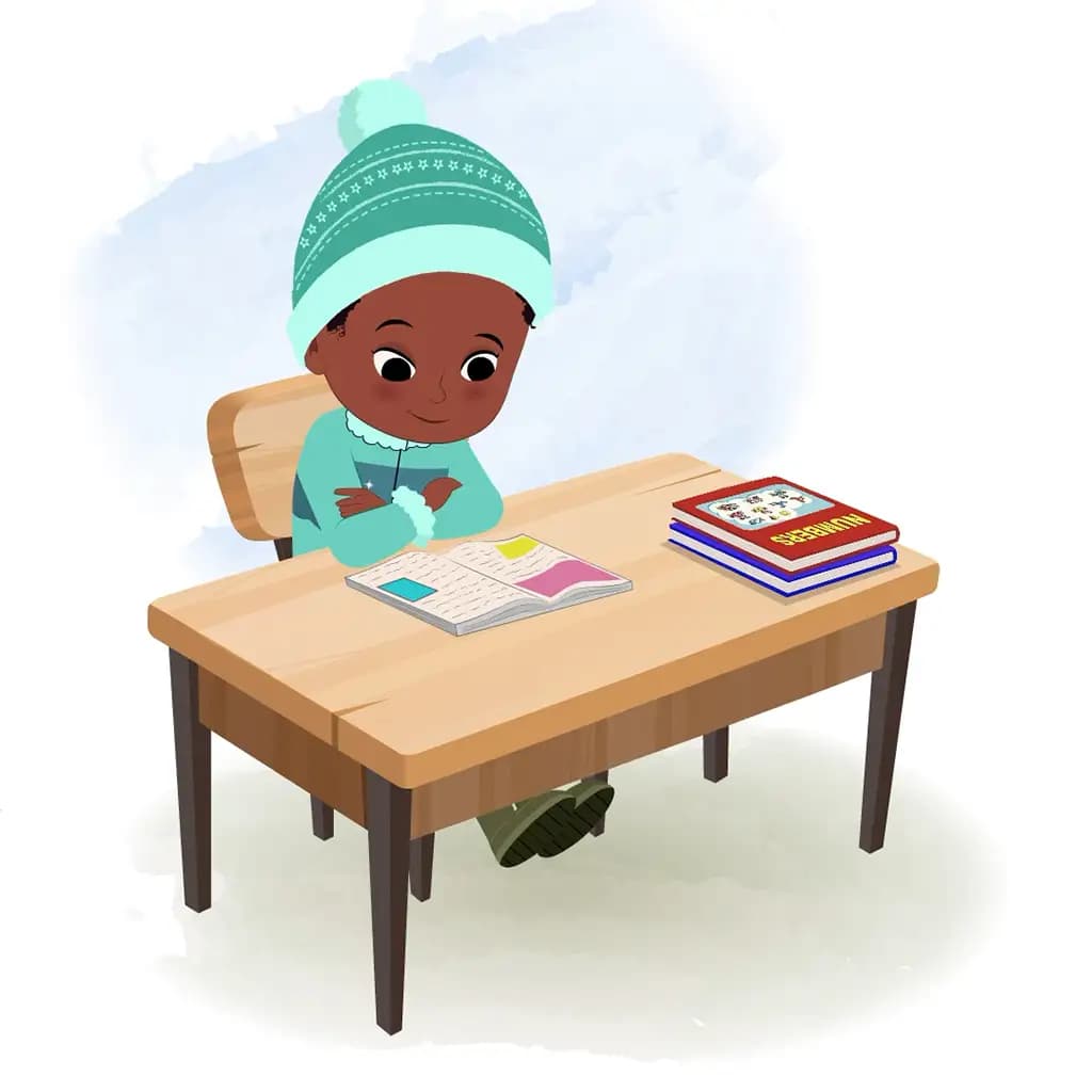 A cute African girl reading a book and sitting on the table animated cartoon character aka kaya