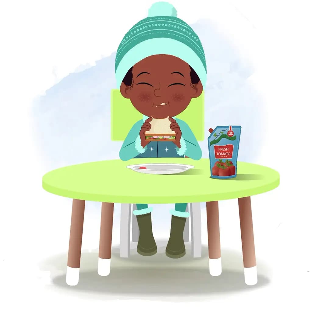 A cute African girl animated cartoon character sitting at a table and eating a sandwich aka kaya