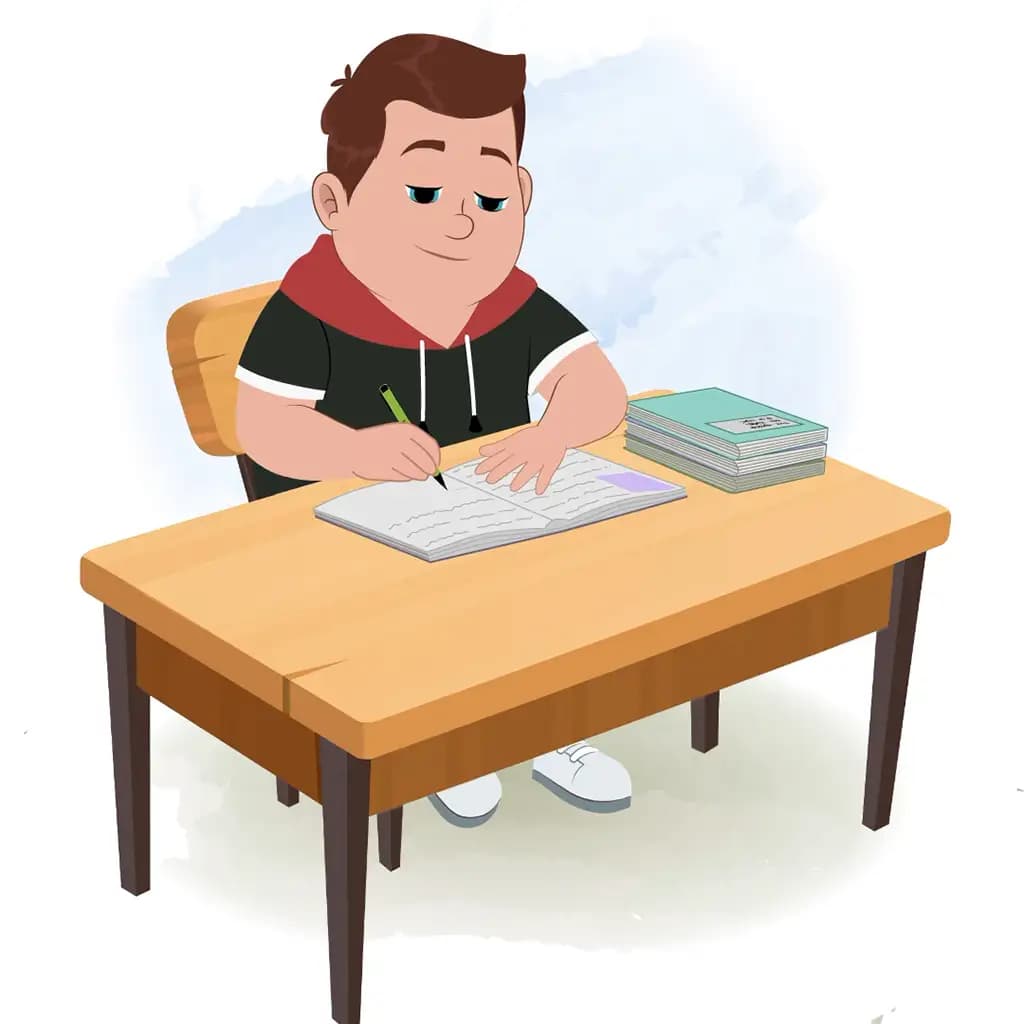 A fat boy doing homework and sitting on the table animated cartoon character aka frank