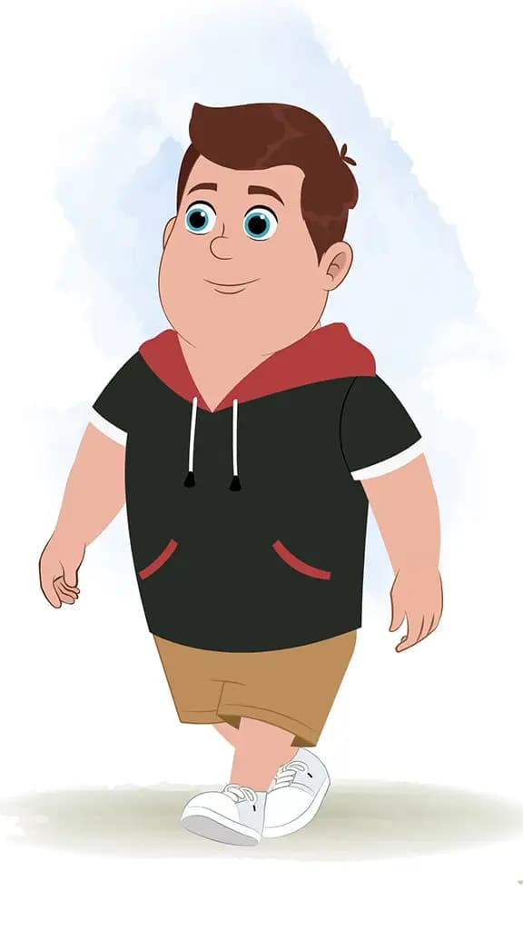 A fat boy 3/4 front view/three quarter view walking animated cartoon character aka frank