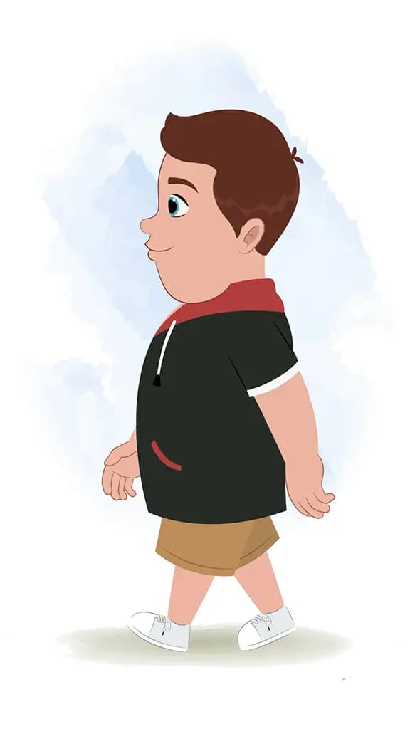 A fat boy walking side view animated cartoon character aka frank