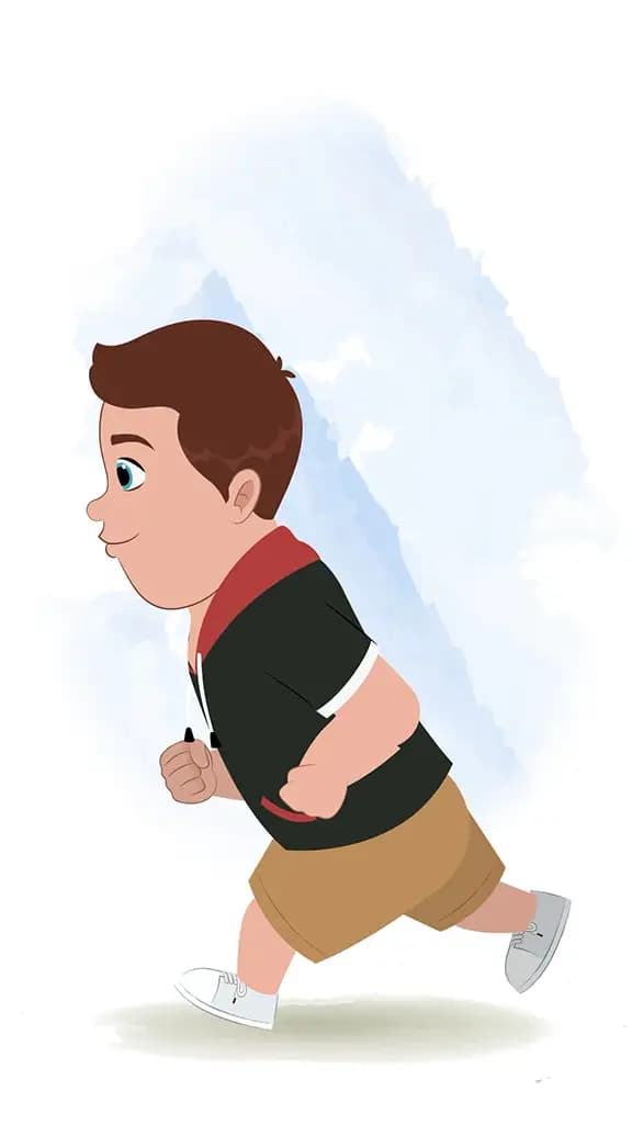 A fat boy running fast side view animated cartoon character aka frank