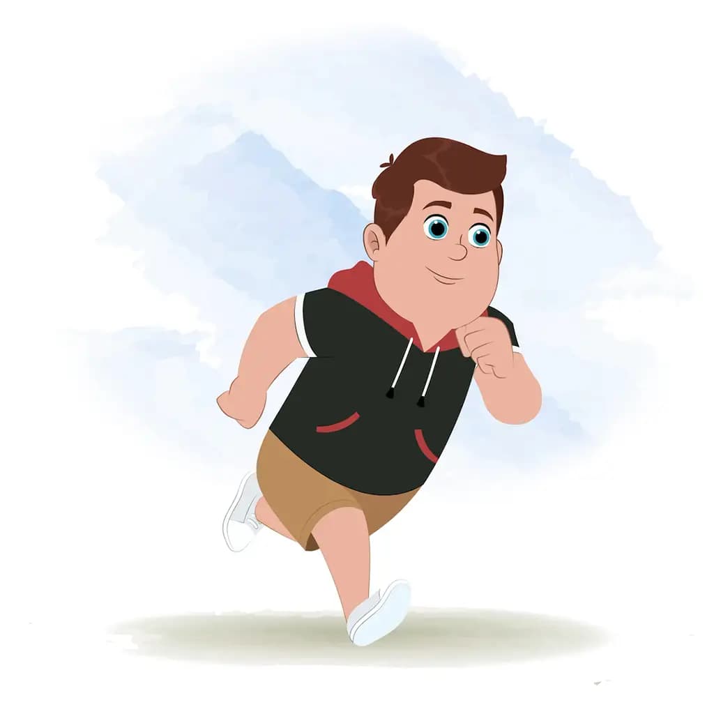 A fat boy running three quarter view animated cartoon character aka frank