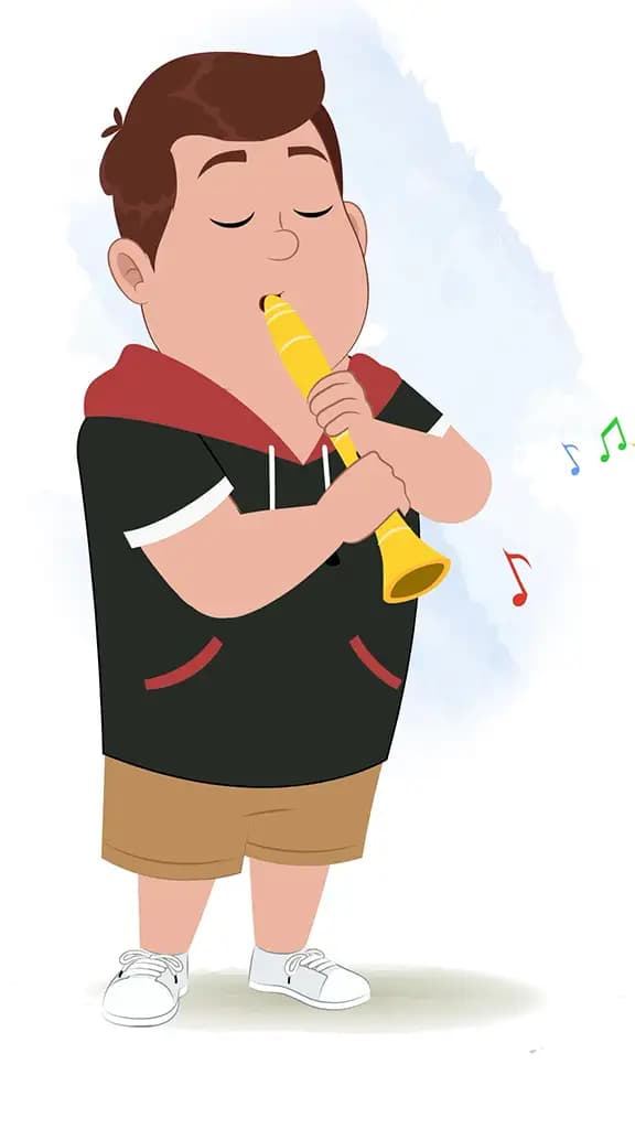 A fat boy playing the clarinet animated cartoon character aka frank