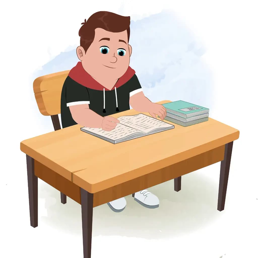 A fat boy reading a book and sitting on the table animated cartoon character aka frank