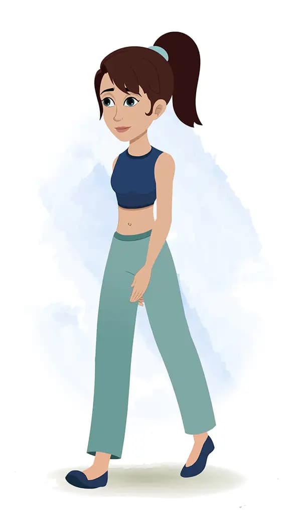 A teenage girl 3/4 front view/three quarter view walking animated cartoon character aka divya 3/4