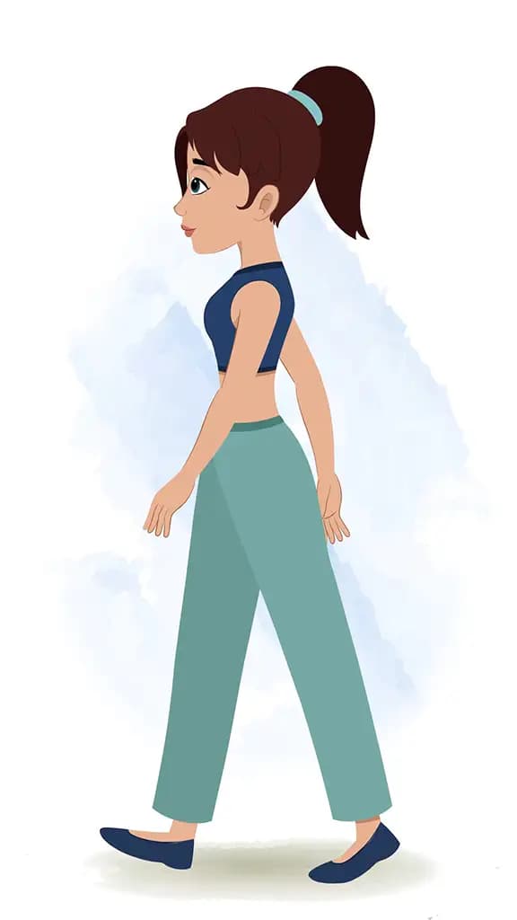 A teenage girl walking side view animated cartoon character aka divya