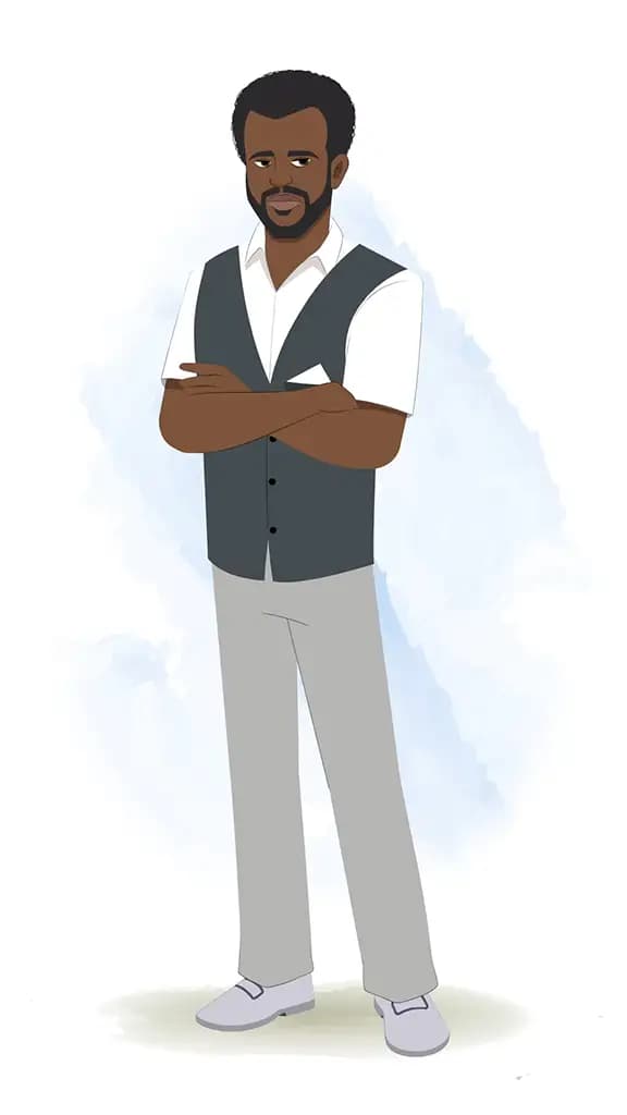 An annoyed black businessman animated cartoon character aka Aston 3/4