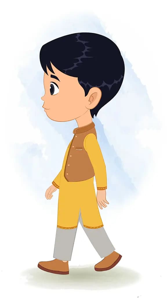 An Indian boy walking side view animated cartoon character aka ishaan