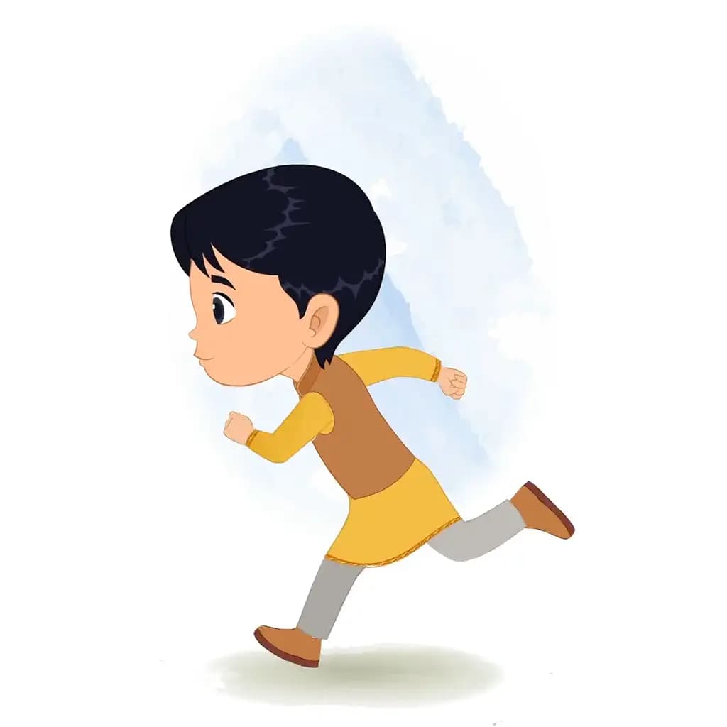 An Indian boy running fast side view animated cartoon character aka ishaan