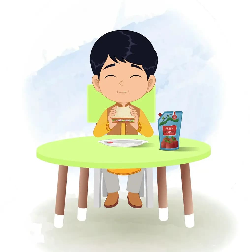 An Indian boy animated cartoon character sitting at a table and eating a sandwich aka ishaan