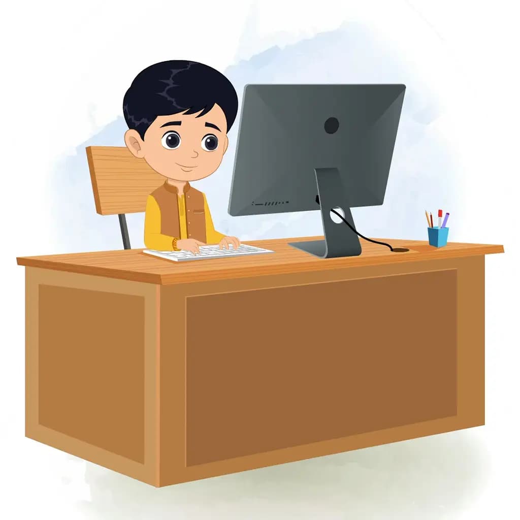 An Indian boy animated cartoon character working on a computer aka ishaan