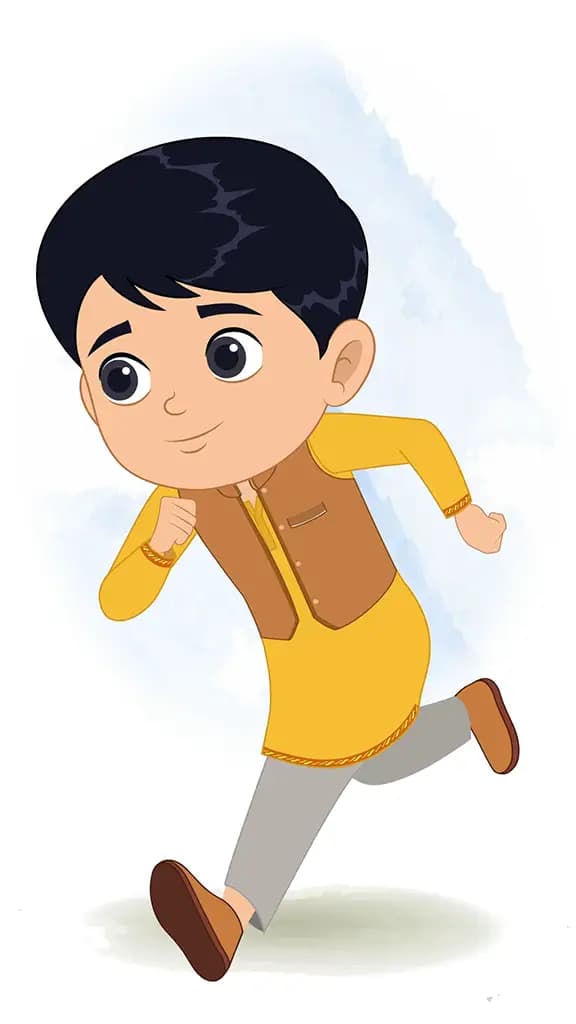 An Indian boy running 3/4 view animated cartoon character aka ishaan