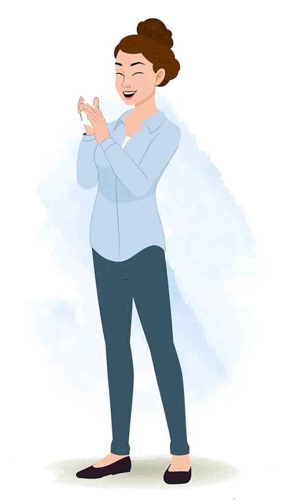 A business woman clapping animated cartoon character aka ruby 3/4
