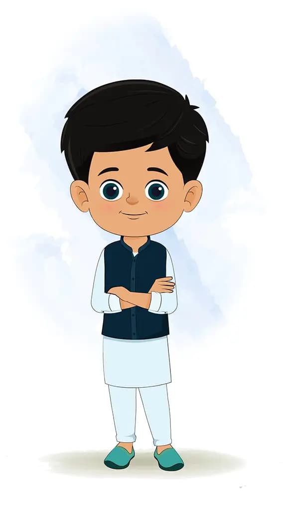 An Indian boy standing with cross hand and talking animated cartoon character aka rohan