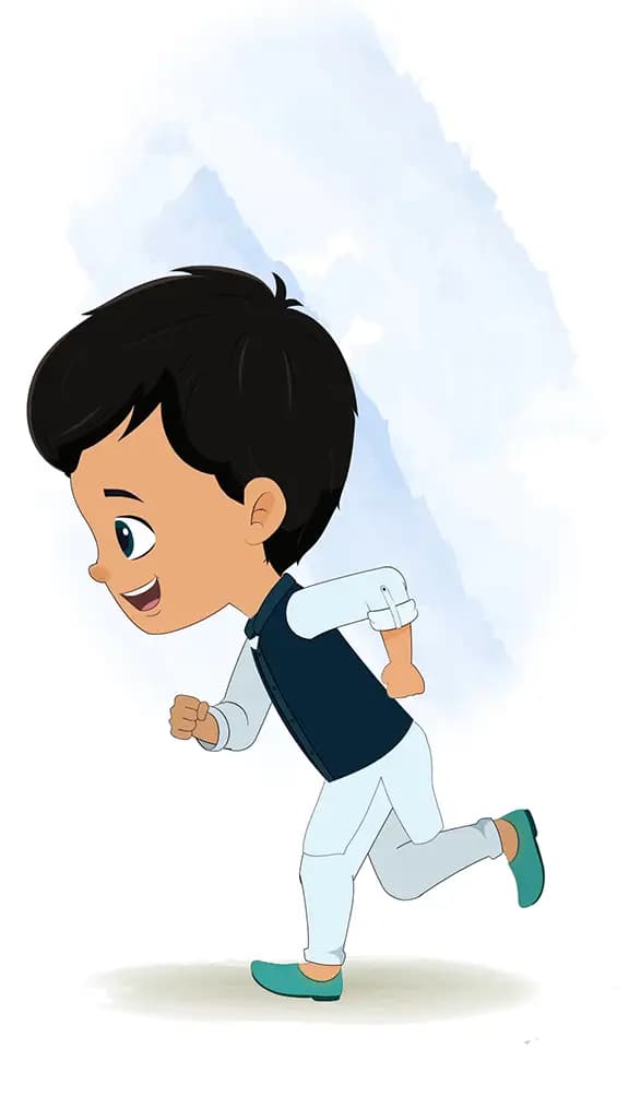 An Indian boy running fast side view animated cartoon character aka rohan