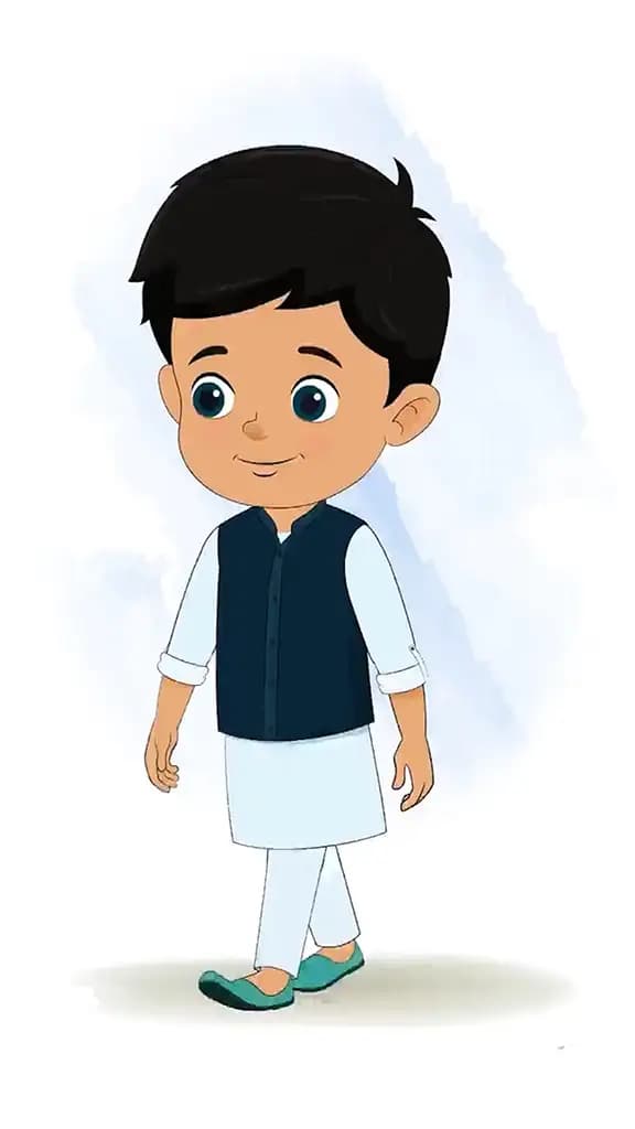 An Indian boy 3/4 front view/three quarter view walking animated cartoon character aka rohan