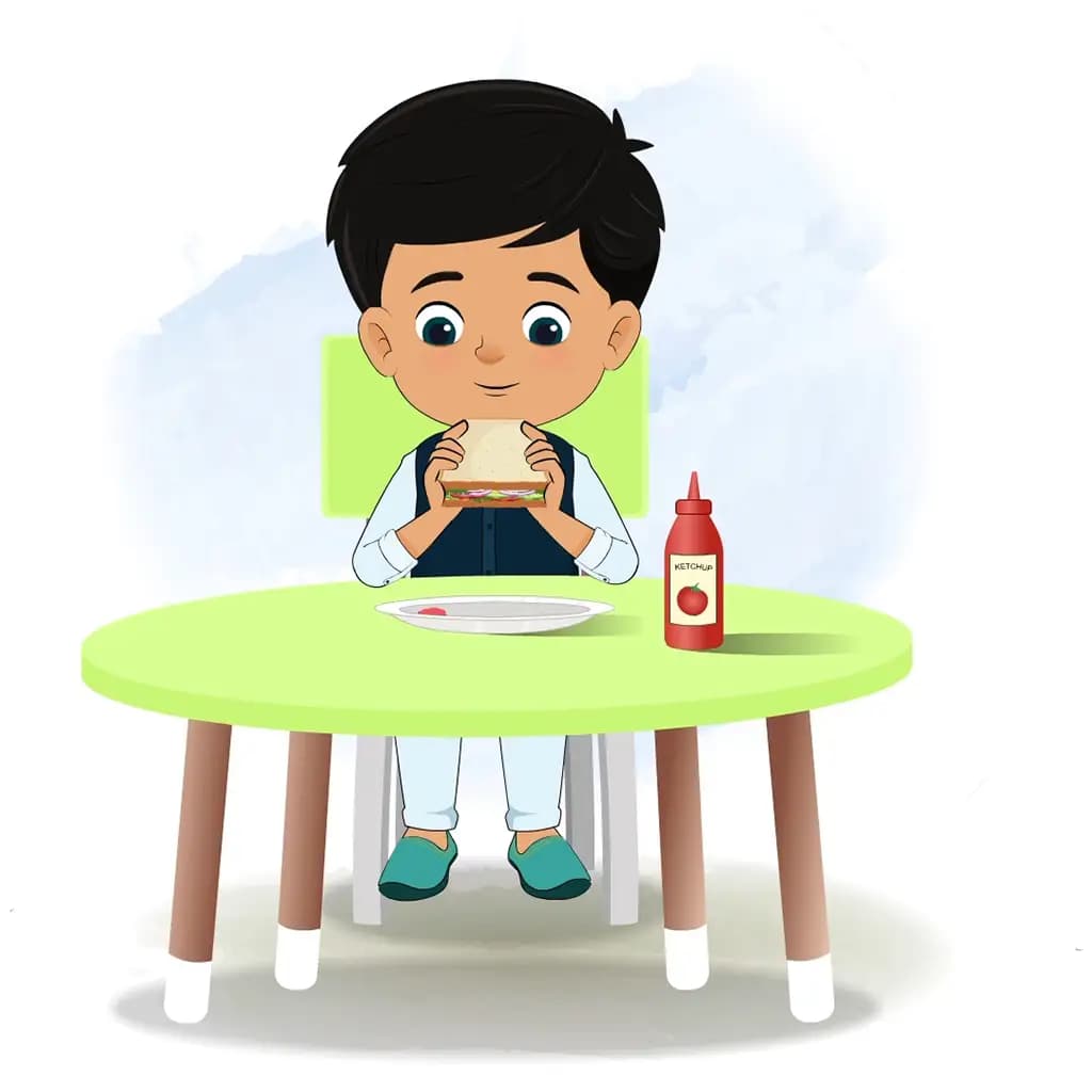 An Indian boy animated cartoon character sitting at a table and eating a sandwich aka rohan