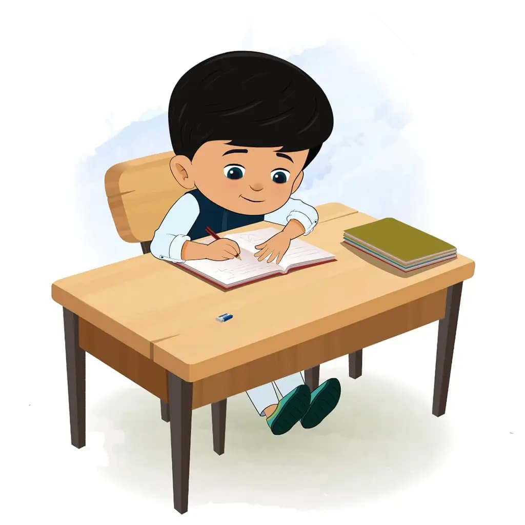 An Indian boy doing homework and sitting on the table animated cartoon character aka rohan