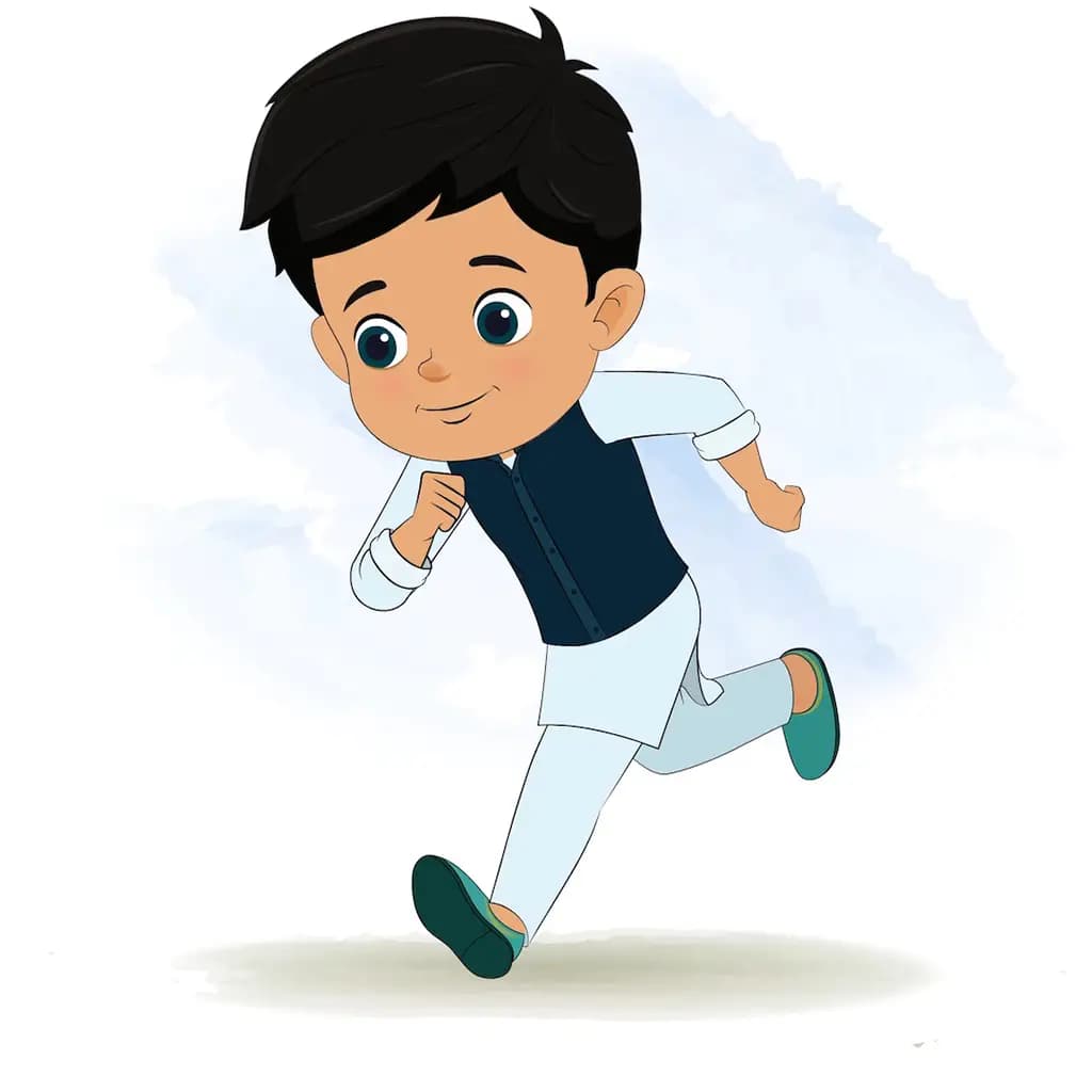 An Indian boy running three quarter view animated cartoon character aka rohan