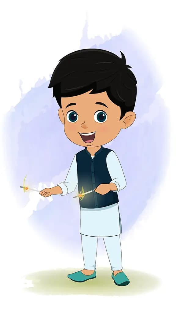 An Indian boy holding firework on diwali animated cartoon character aka rohan