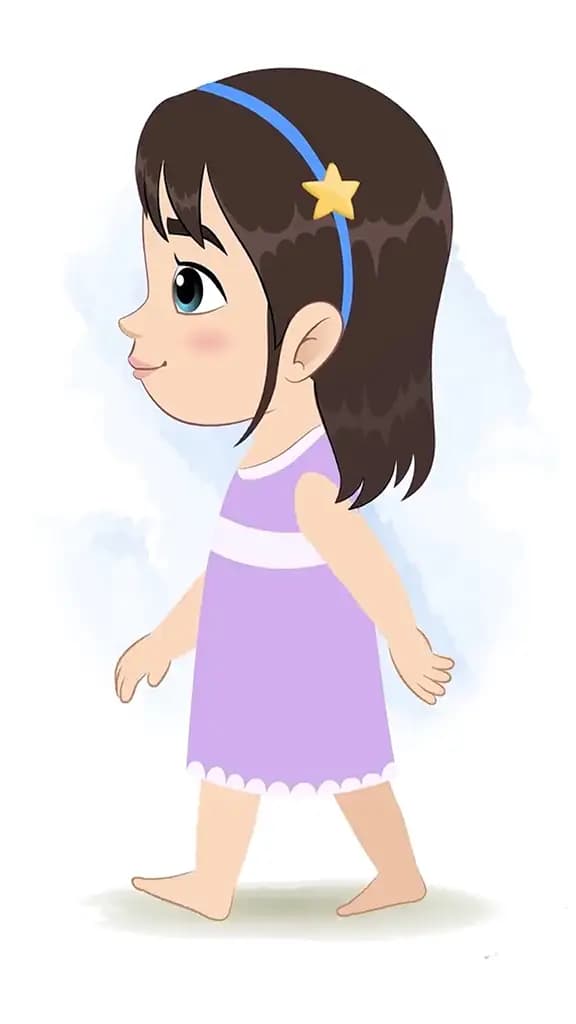 A little girl walking side view animated cartoon character aka merry