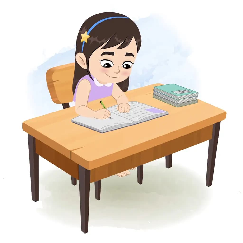 A little girl doing homework and sitting on the table animated cartoon character aka merry