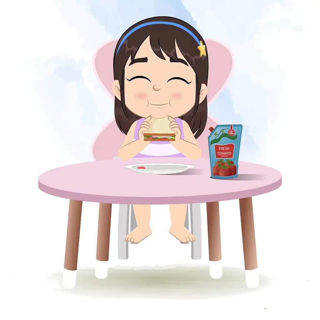 A little girl animated cartoon character sitting at a table and eating a sandwich aka merry
