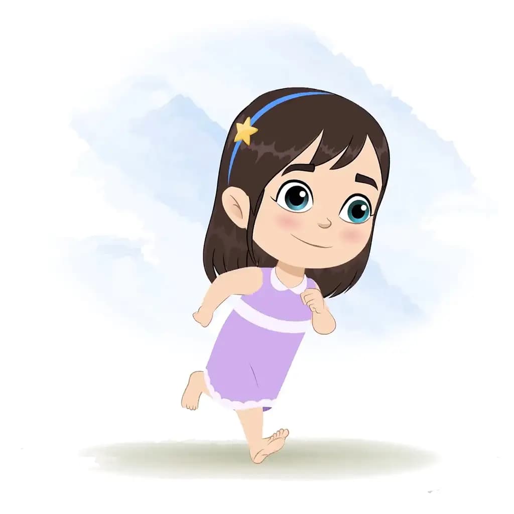 A little girl running three quarter view animated cartoon character aka merry