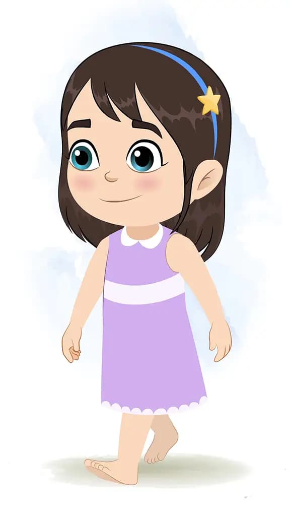 A little girl 3/4 front view/three quarter view walking animated cartoon character aka merry 3/4