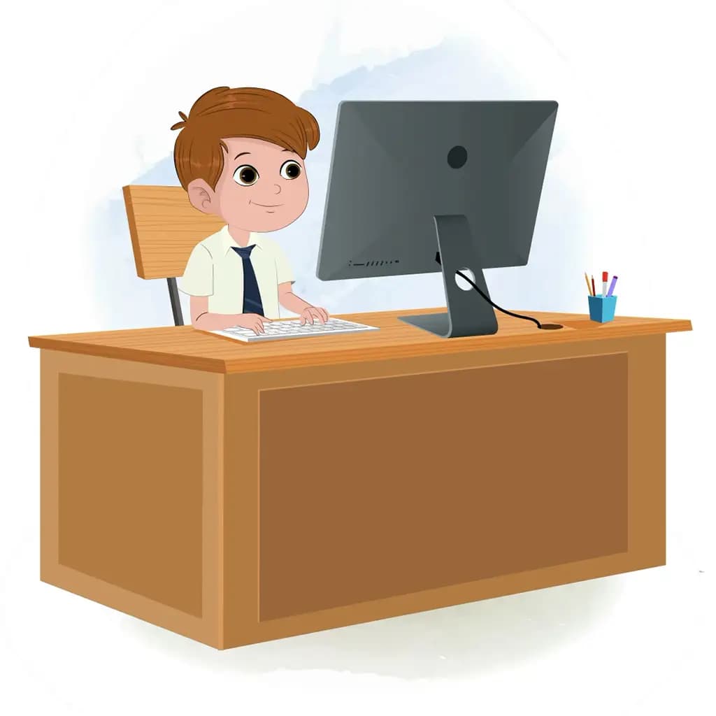 A boy animated cartoon character working on a computer aka jolly