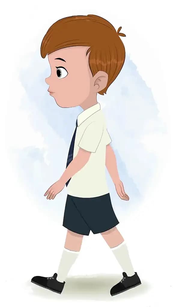 A boy walking side view animated cartoon character aka jolly