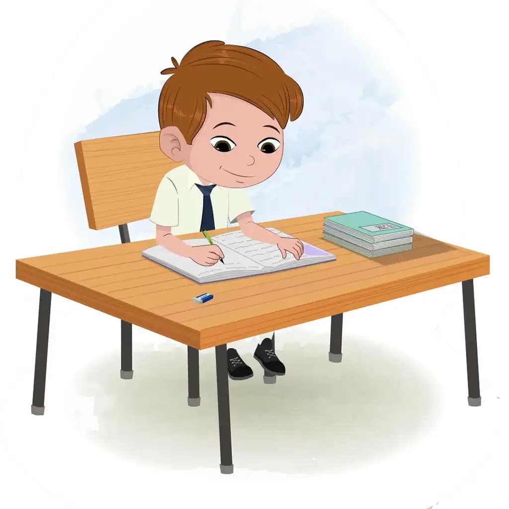 A boy doing homework and sitting on the table animated cartoon character aka jolly