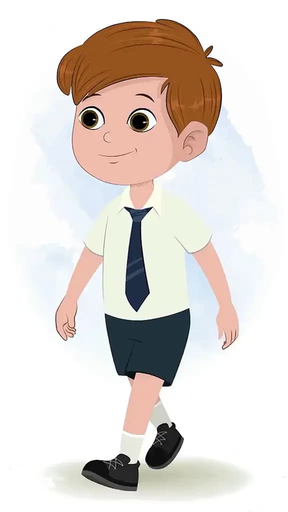 A boy 3/4 front view/three quarter view walking animated cartoon character aka jolly