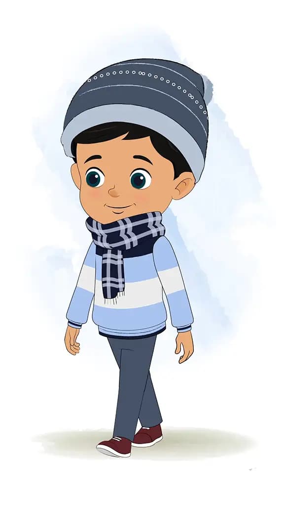 A cute boy 3/4 front view/three quarter view walking animated cartoon character aka rohan 3/4