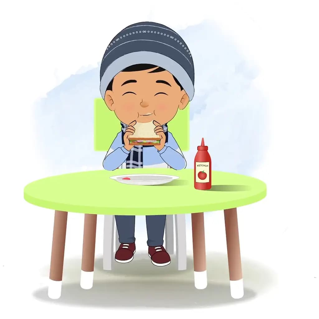 A cute boy animated cartoon character sitting at a table and eating a sandwich aka rohan