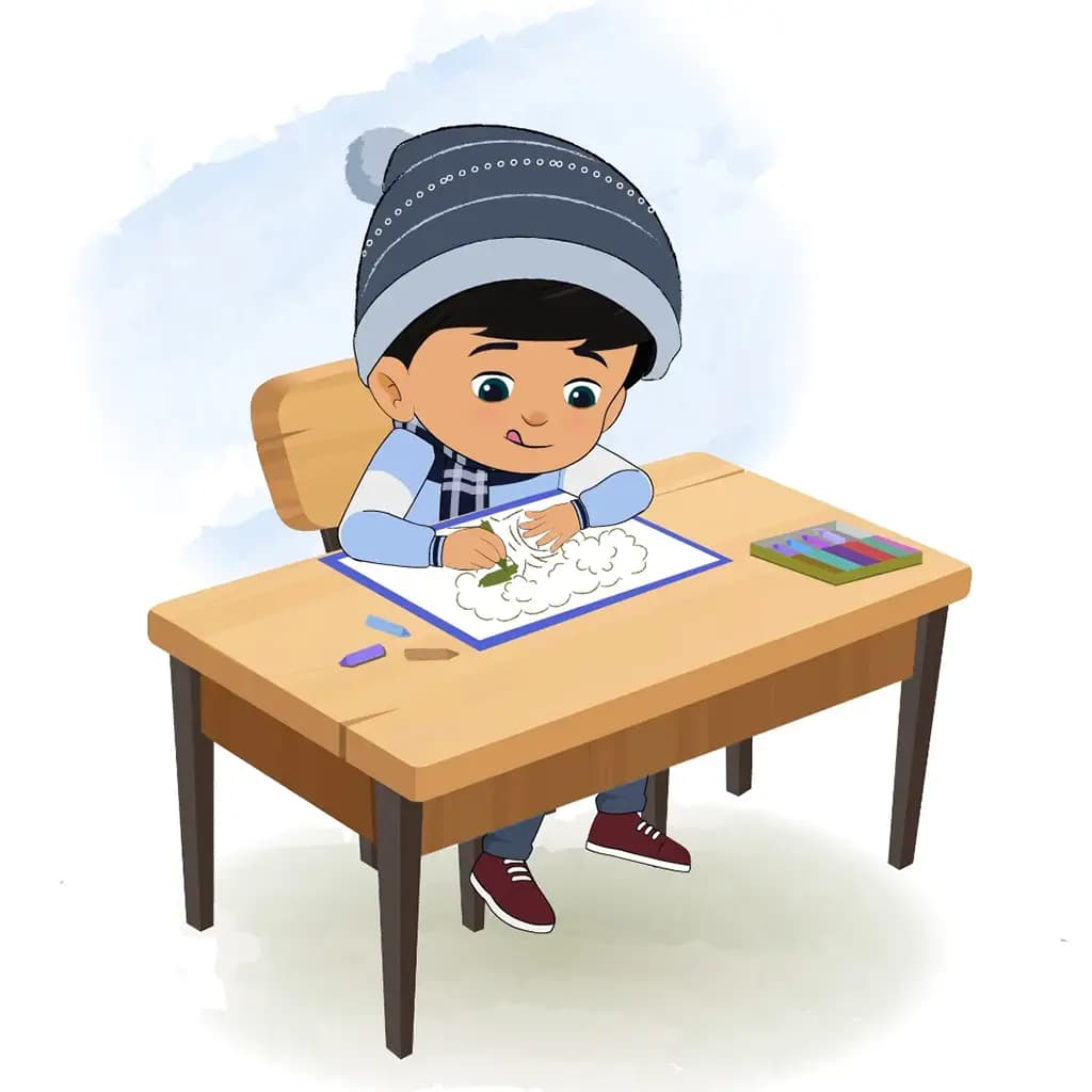 A cute boy is sitting at a table with some crayons and colouring on the paper aka rohan